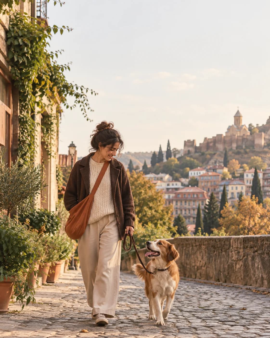 Illustration of a person walking a dog in a Tbilisi neighbourhood